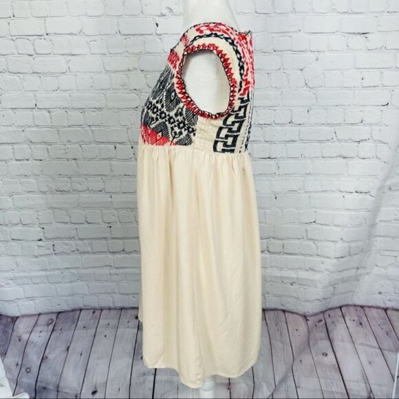 Edme & Esyllte Petra Cream with Blue & Red Aztec Embroidery A-Line Swing Dress - Picture 6 of 10